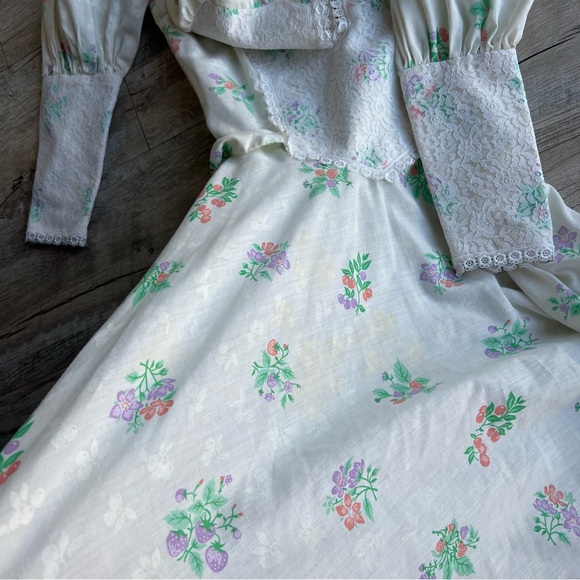 Vintage 1970’s Hippy Prairie Gunne Sax Style Long Sleeve Lace Maxi Dress - Picture 9 of 12